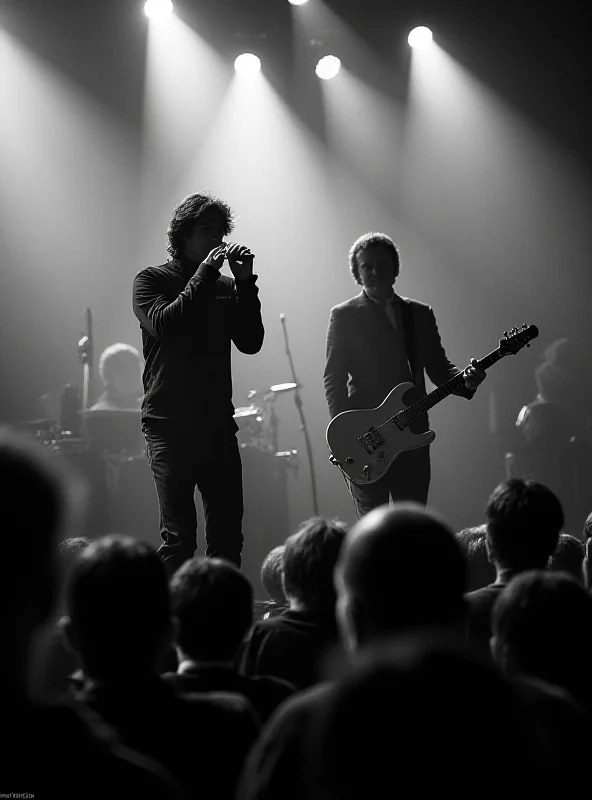 A black and white photo of Liam and Noel Gallagher performing on stage together.