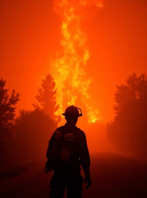 Image of a firefighter battling a wildfire in Los Angeles, with flames engulfing trees and homes in the background.