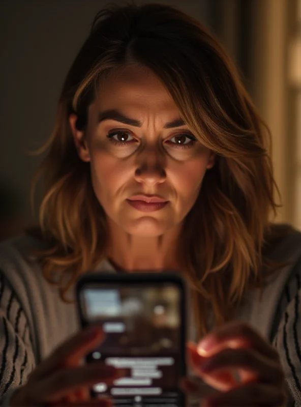 Image of a concerned mother looking at a phone with a worried expression, symbolizing the grieving mother discovering the Instagram posts.