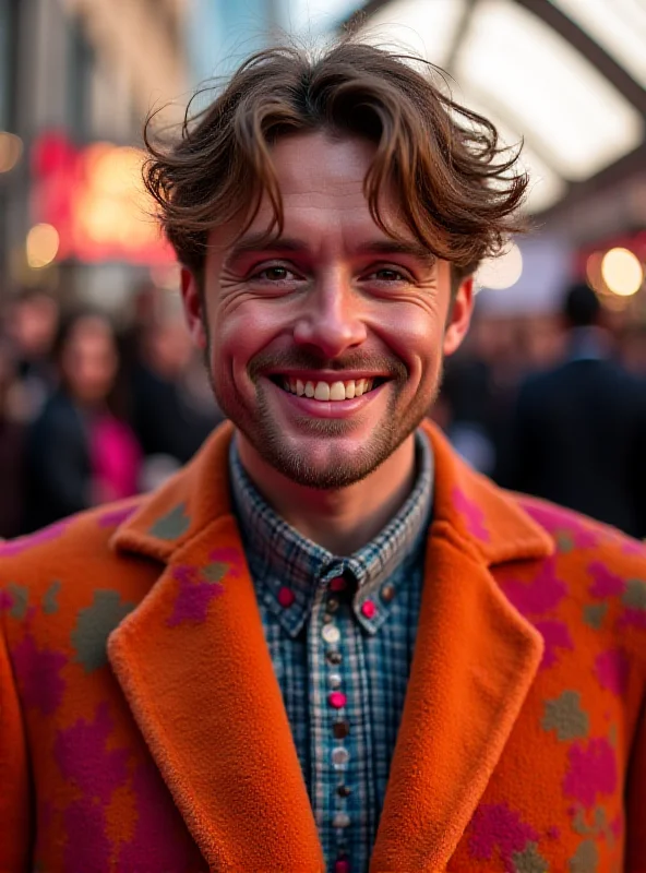 Teddy Swims on the Brit Awards red carpet, smiling and posing for photographers, wearing a stylish and colorful outfit.