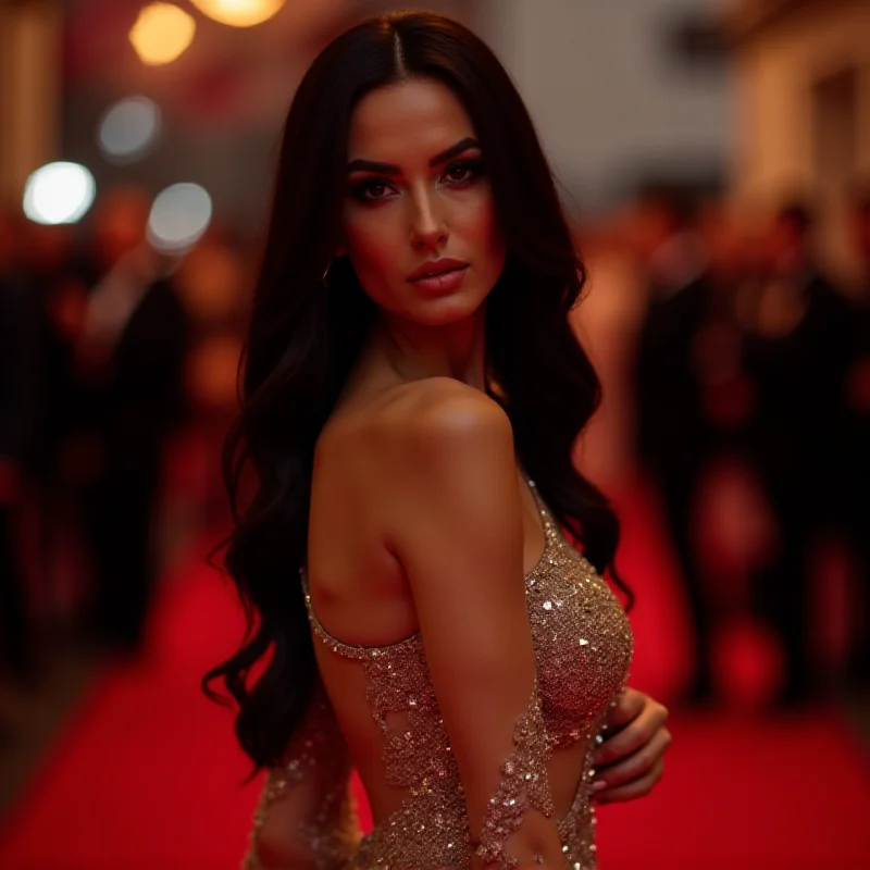 Maura Higgins posing on the red carpet at the Brit Awards, looking glamorous in a designer dress