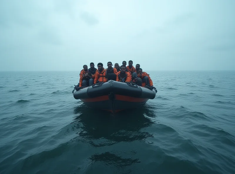 A group of migrants in a small boat approaching the British coastline under a cloudy sky.