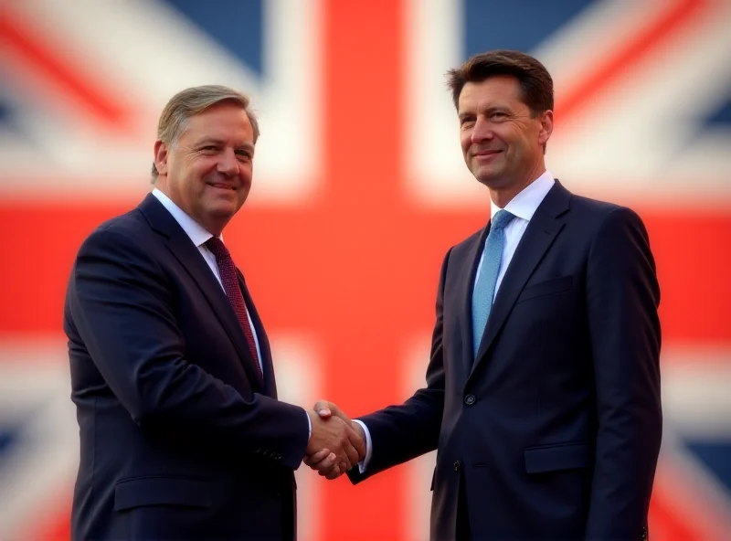 A photo of Ukrainian President Zelenskyy shaking hands with British Prime Minister Keir Starmer in front of the Union Jack flag.