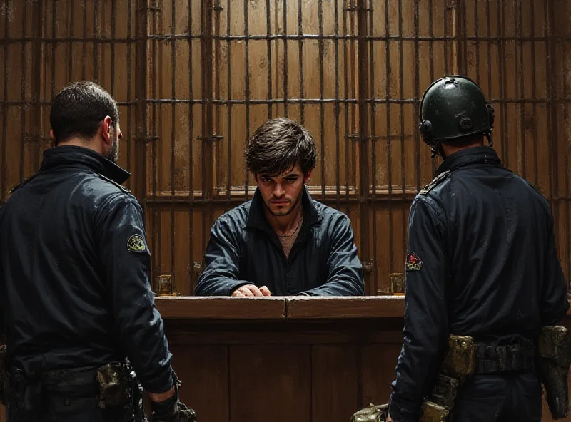 Illustration of a courtroom with a young man in a cage, a judge, and armed guards