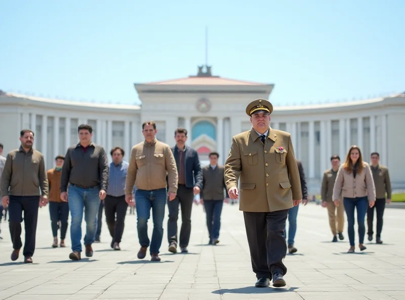 A group of tourists are walking through a square in Pyongyang, North Korea. They are surrounded by tall buildings and monuments. A tour guide is leading the group.