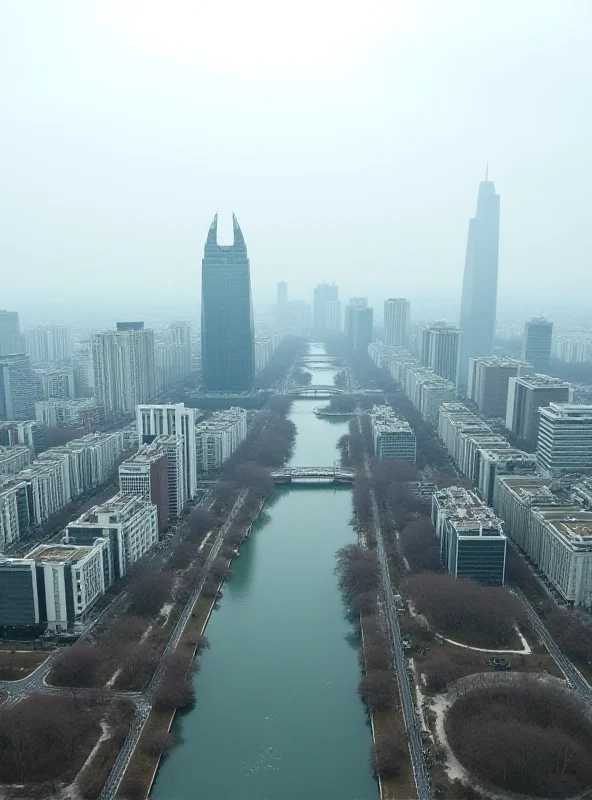 A panoramic view of Pyongyang, North Korea, showcasing the city's skyline with its tall buildings and monuments. The Taedong River flows through the city, and the sky is overcast.