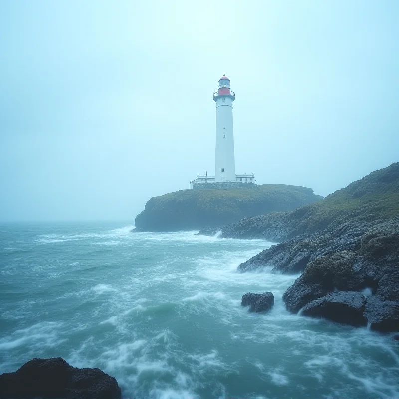 A dramatic view of the Longships Lighthouse, a tall white tower standing on a rocky outcrop in the sea. The sky is overcast, and waves are crashing against the rocks.