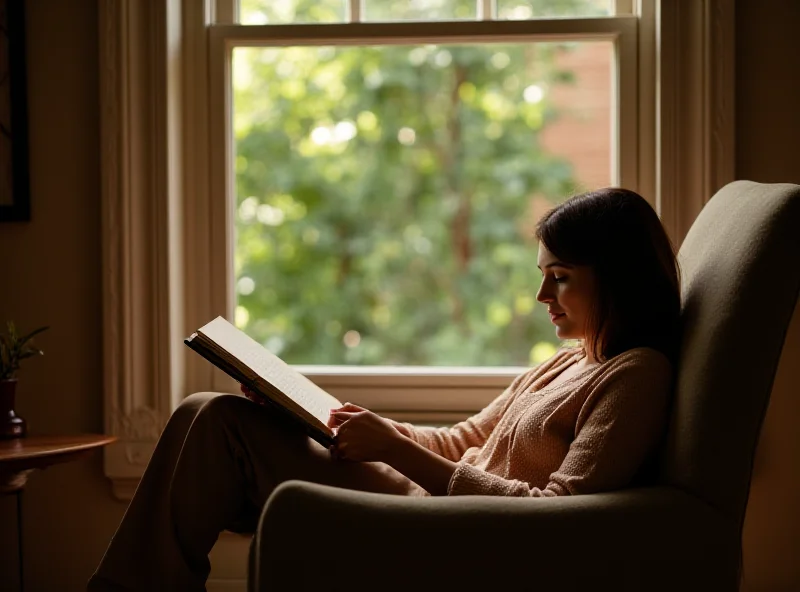 A person comfortably reading a book in an armchair by a window.