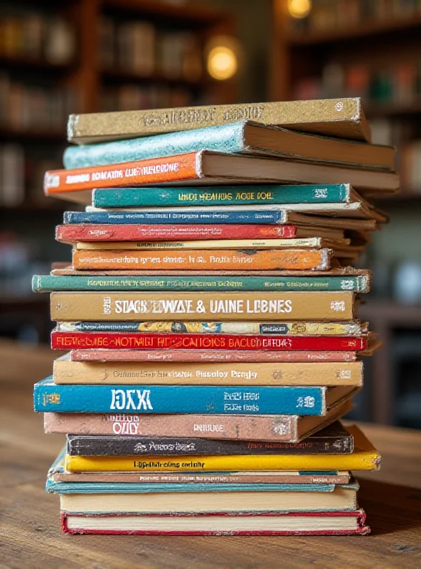 A stack of colorful books arranged on a wooden table.