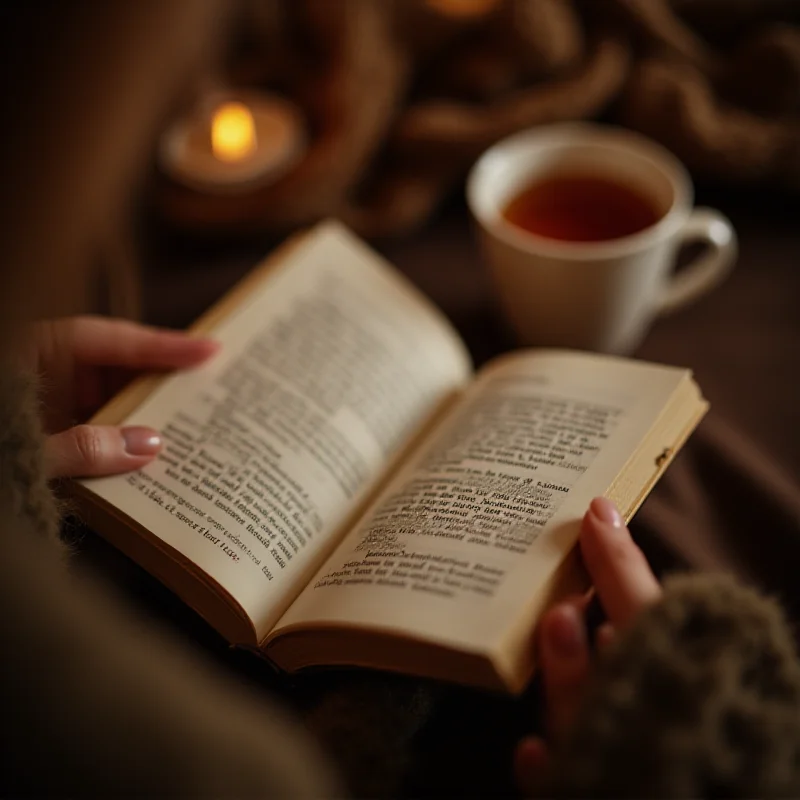 Close-up shot of a person's hands holding an open book in a cozy setting.