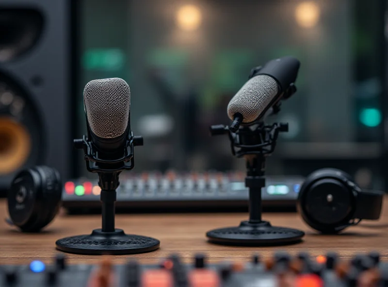 A podcast recording setup with microphones and headphones.