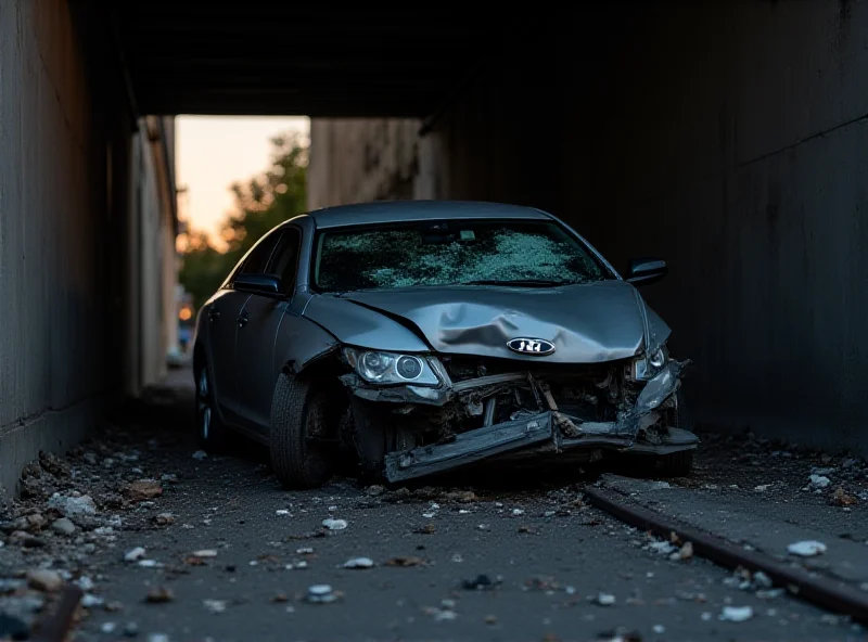 Damaged car at the entrance of a tunnel