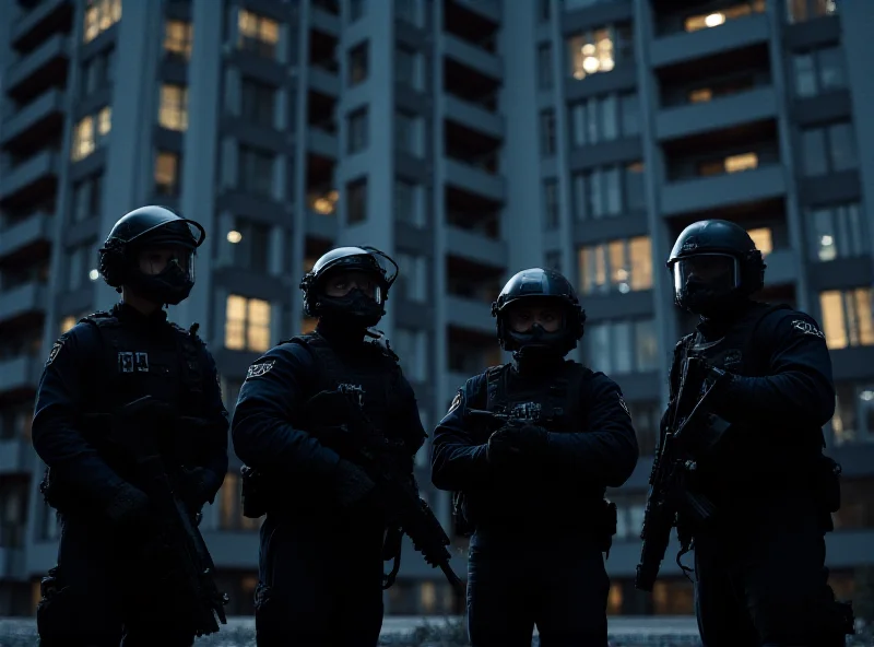 Police tactical unit in front of an apartment building