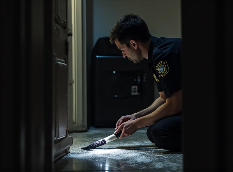 A police officer dusting for fingerprints at the scene of an apartment burglary.