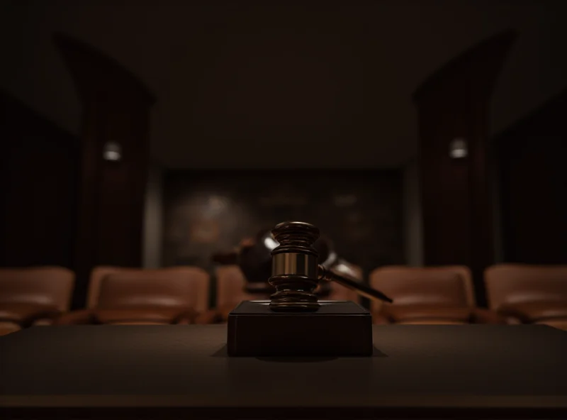 A gavel resting on a wooden block in a dimly lit courtroom.