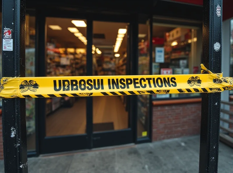 Image of a closed self-service store with official inspection tape. The store front looks run down and unkempt. The words 'Closed for Inspection' are clearly visible on the tape.