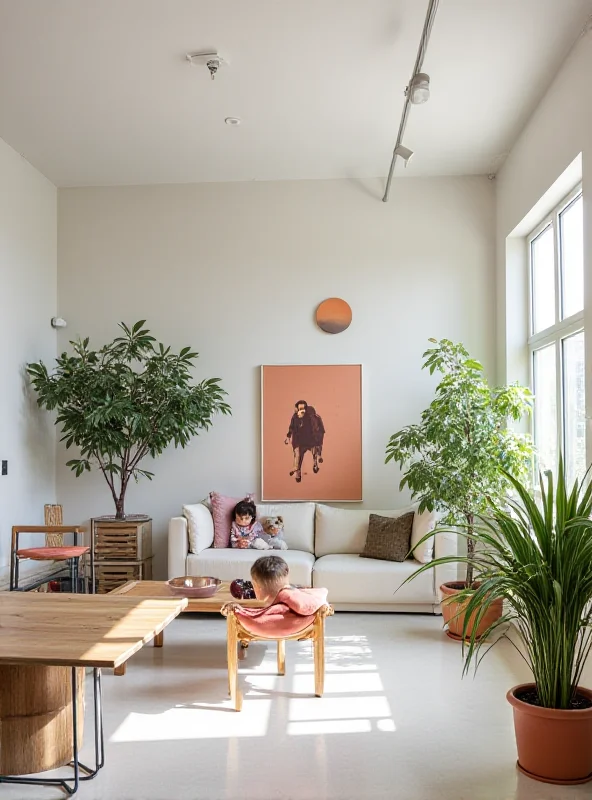 Image of the interior of a modern renovated row house. The space is bright and airy, with clean lines and minimalist decor. A family is visible in the background, enjoying the space.