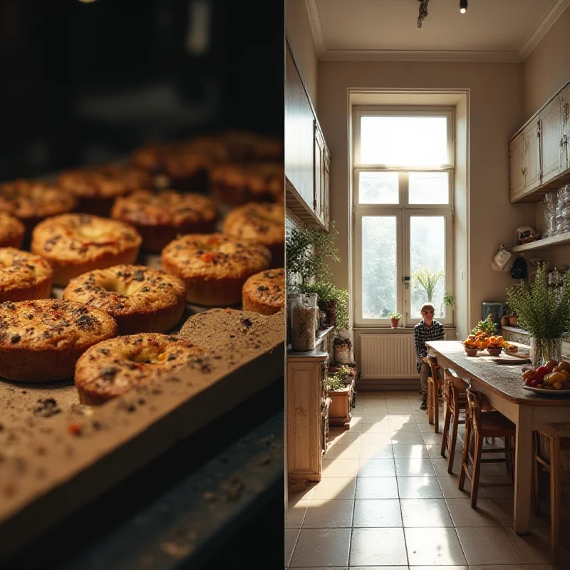 A split image. On the left, a close-up of mouse droppings on pastries in a dimly lit store. On the right, a bright and modern interior of a renovated row house with a happy family inside.