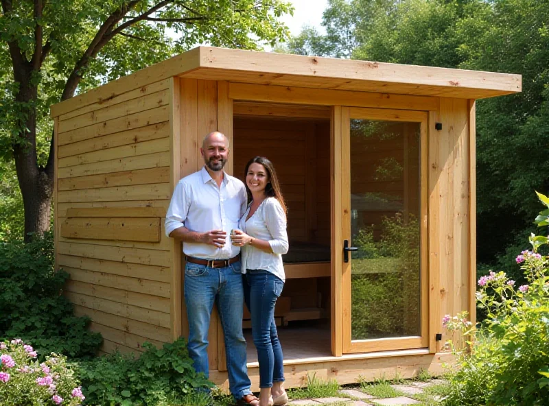 Architects proudly standing in front of their newly built sauna made from recycled wood pallets.