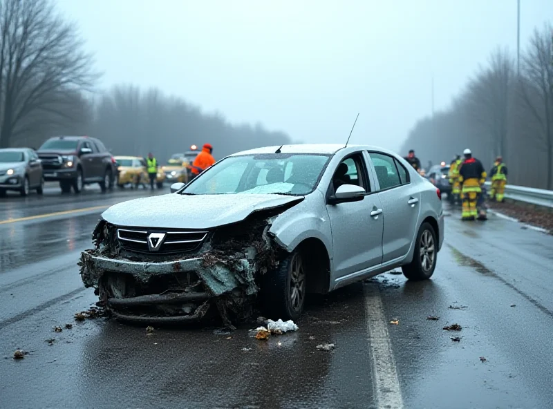 A damaged Dacia car lying on its side on a highway after a multi-car accident.