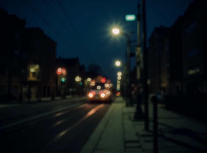 A dimly lit tram stop at night, with a tram approaching in the distance.