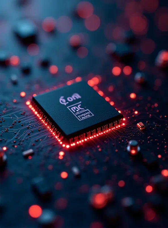 A close-up of a circuit board with glowing AI chips, symbolizing Broadcom's technological advancements in artificial intelligence.