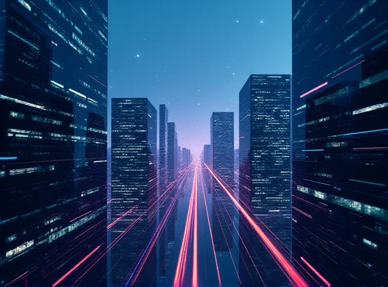 A futuristic cityscape with data streams flowing, representing the interconnectedness of AI technology and Broadcom's role in this ecosystem.