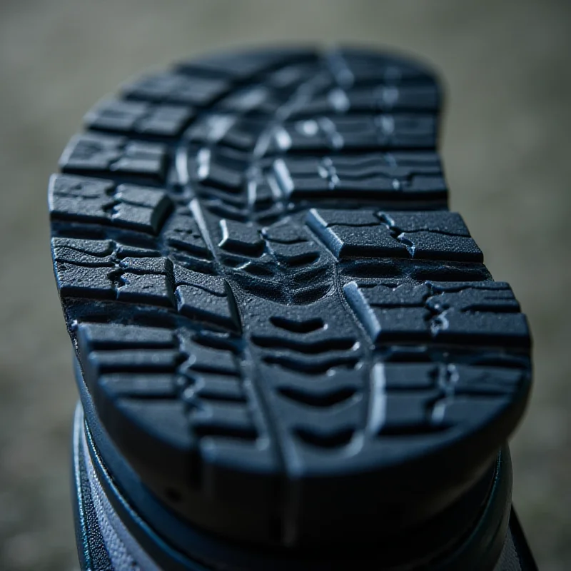 Close-up shot of the sole of a Brooks running shoe, highlighting the traction pattern and cushioning technology.