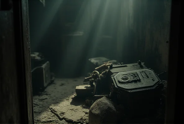 A dimly lit, grainy image suggesting a hidden tape recorder in an old, dusty room. The scene is set to evoke a sense of mystery and foreboding.