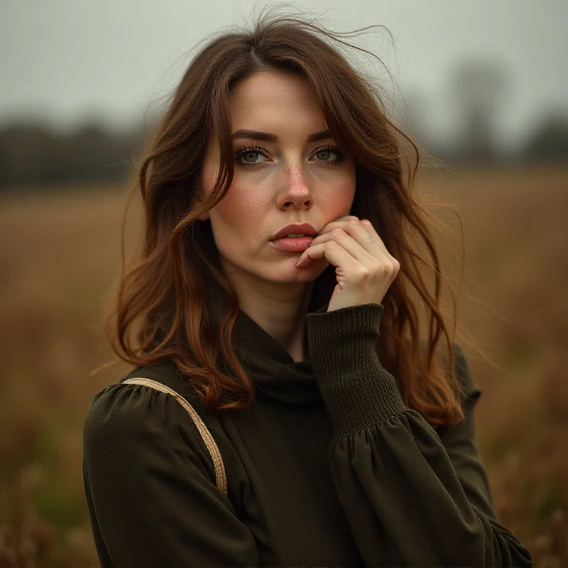 A portrait of Kateřina Marie Tichá, a Czech singer, with a thoughtful expression. She's in a natural setting, perhaps a field or garden, with soft, natural lighting. She's dressed in casual, bohemian-style clothing.