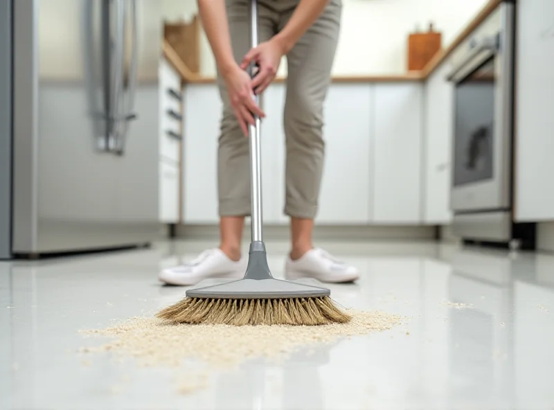 A clean and modern kitchen with a person sweeping the floor with a high-quality broom, showcasing its effectiveness in cleaning up crumbs and dust.