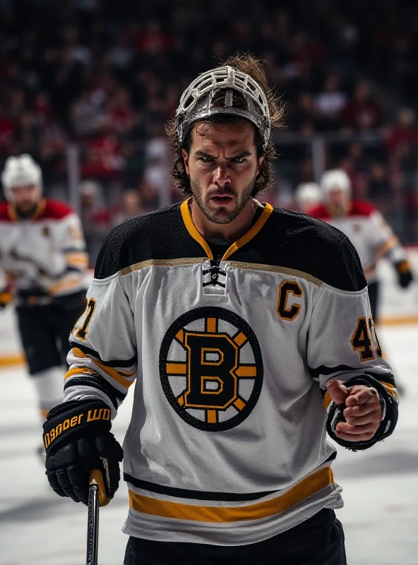 A frustrated Bruins player slamming his stick on the ice after a late-game goal against