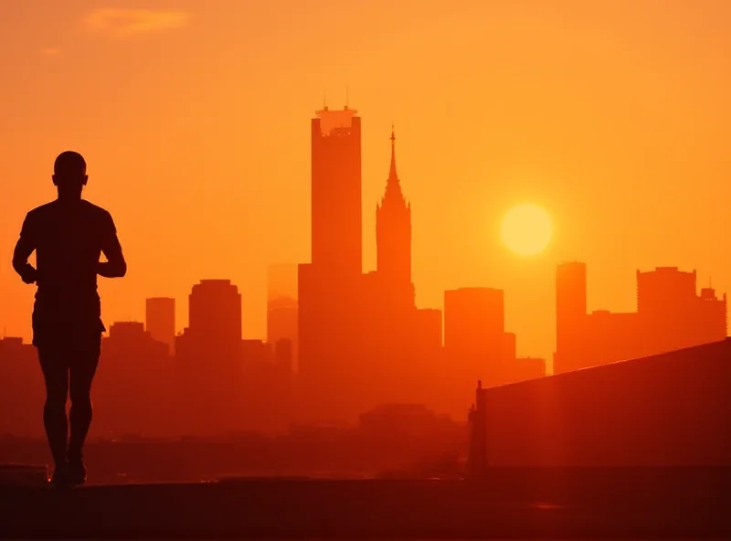 Silhouette of a runner against the Boston skyline at sunset, with the Boston Marathon logo subtly visible.