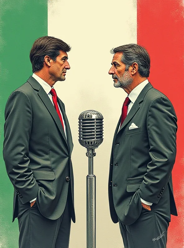 Illustration depicting Dino Zoff and Giorgia Meloni standing on either side of a microphone, both looking somber.