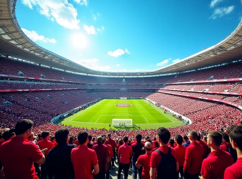 Photo of San Siro stadium in Milan, Italy, on a sunny day, with fans streaming in.