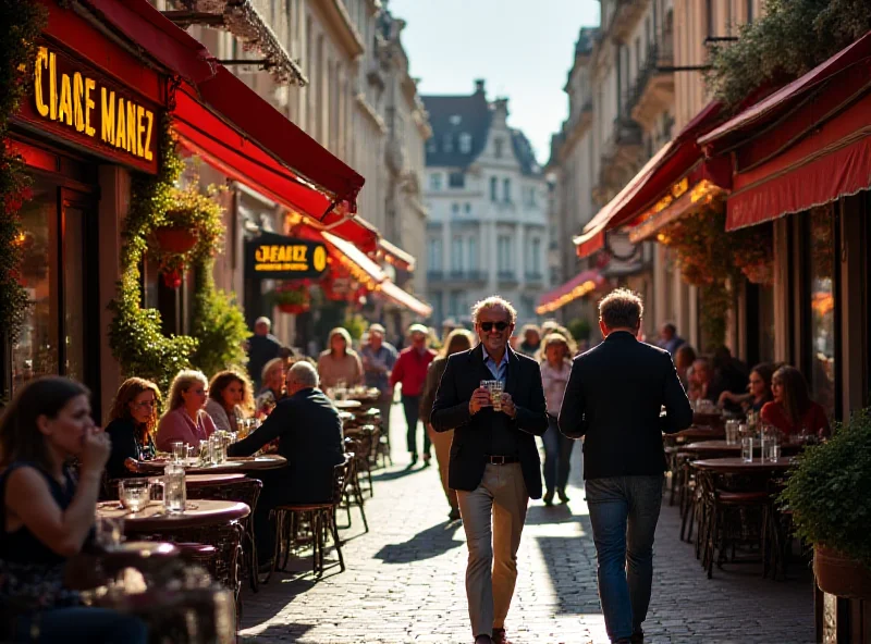 A lively street scene in Brussels with several traditional cafes visible, people sitting outside, enjoying drinks and conversation.