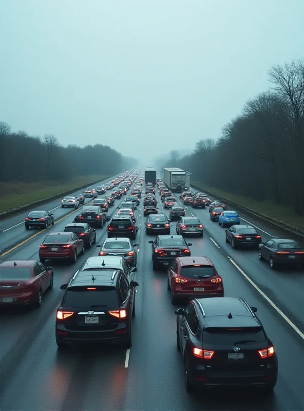 A long line of cars and trucks stuck in traffic on a highway, with emergency vehicles visible in the distance. Overturned truck is barely visible.