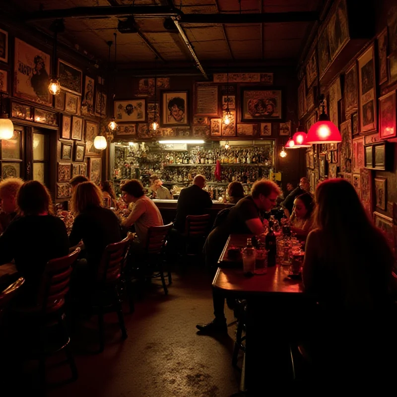 The interior of a quirky, alternative bar, filled with mismatched furniture, art, and a diverse crowd of people enjoying drinks and conversation. The bar is dimly lit and has a cozy, inviting atmosphere.