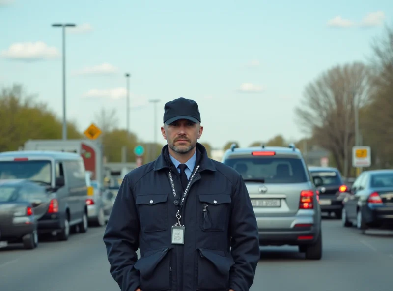 Image of a European border crossing with a stern looking guard.