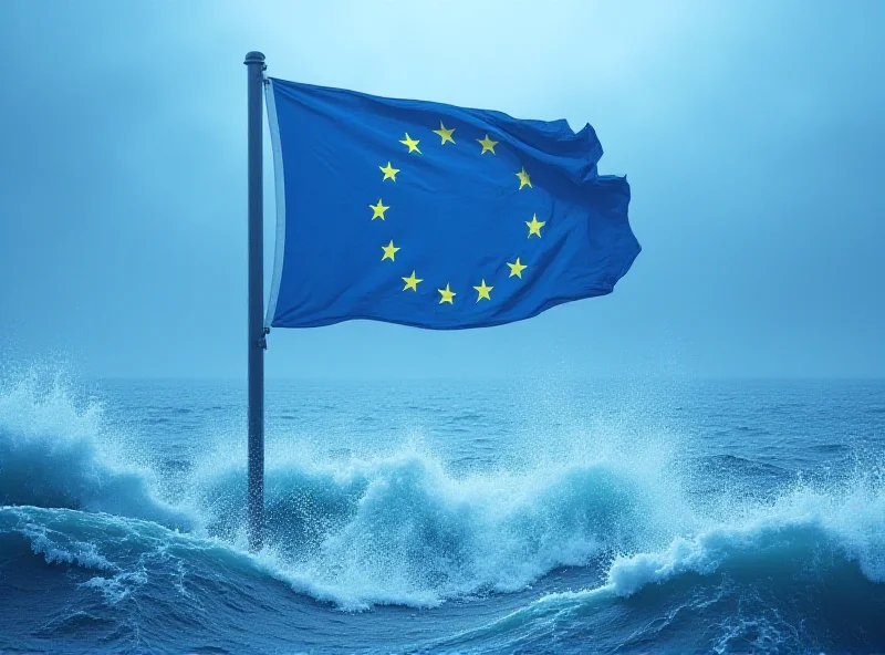 A digital composite image depicting the EU flag over a turbulent sea, representing the challenges faced by the European Union.