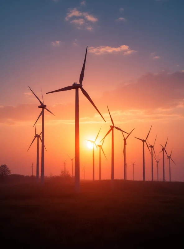 A wind turbine farm at sunset with a subtle euro symbol in the foreground.