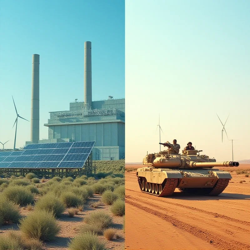 A split image: one side showing a modern green energy factory, the other a military tank, symbolizing the debate between green initiatives and defense spending.