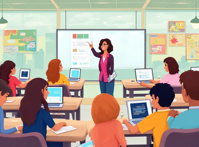 Illustration of a classroom with students using laptops and a teacher at the front.