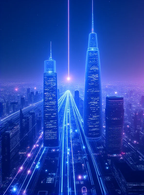 A futuristic cityscape with glowing lines representing data flow and AI integration.