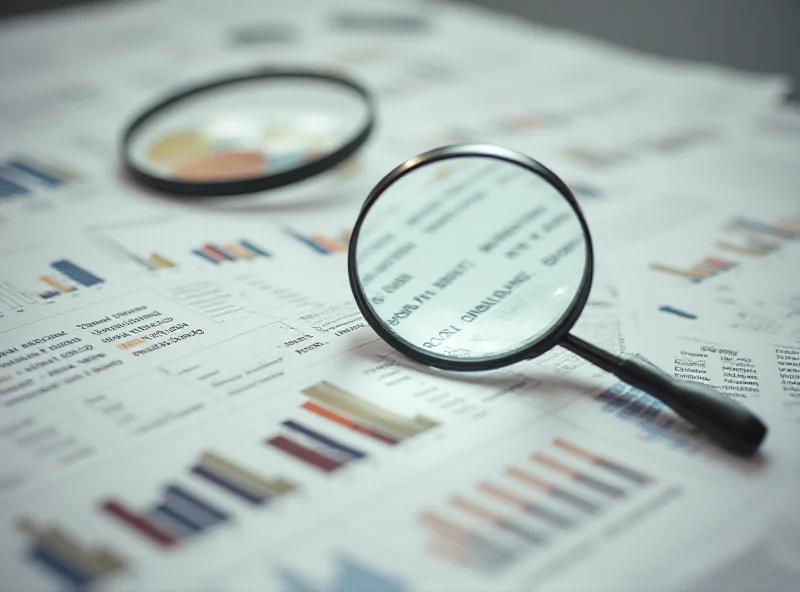 Illustration of a magnifying glass examining a document with financial charts and graphs in the background.