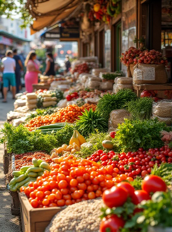 A colorful market stall overflowing with fresh vegetables and rice sacks, depicting abundance and affordability.