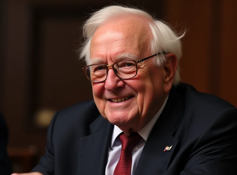 Warren Buffett smiling in front of the Berkshire Hathaway logo