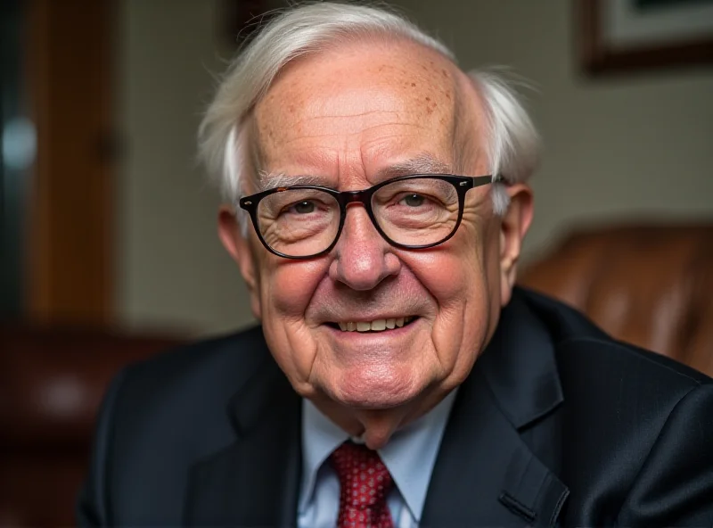 Warren Buffett smiling in front of Berkshire Hathaway logo