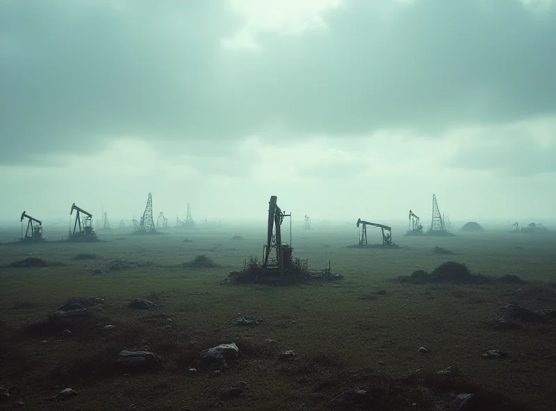 A sprawling oil field with pump jacks under a cloudy sky