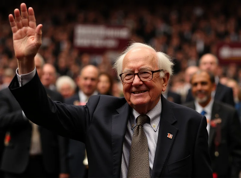 Warren Buffett at Berkshire Hathaway annual meeting, smiling and waving to the crowd.